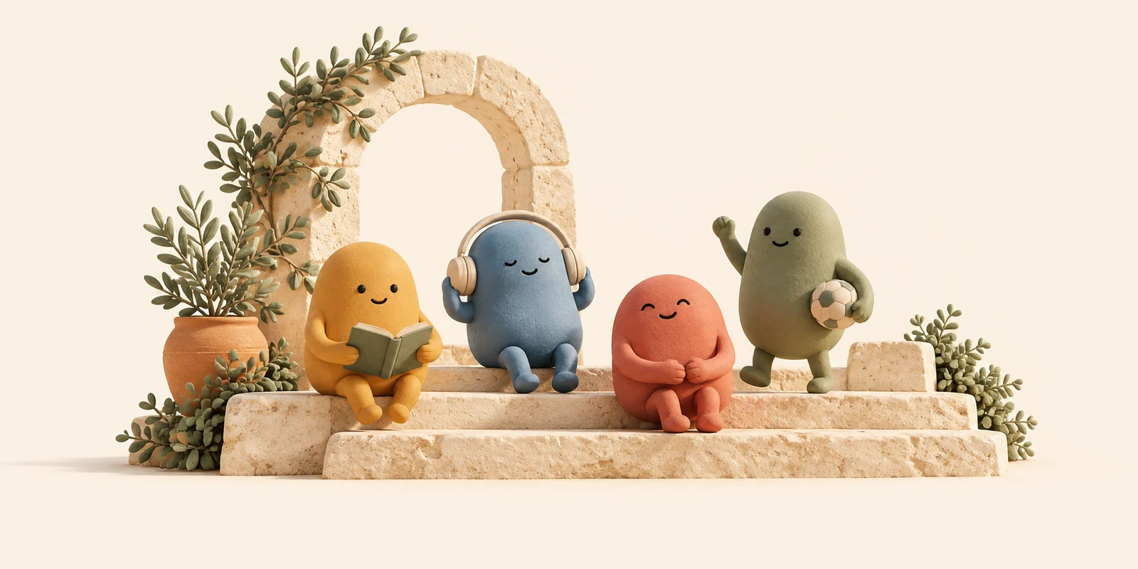 Four distinctive little campus characters sitting together on limestone steps